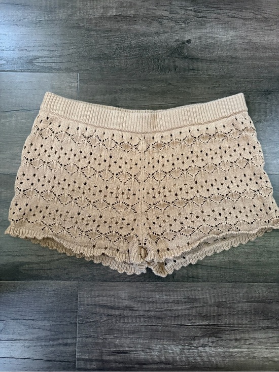 aerie Pants - Aerie Crochet Knit Shorts Tan Nude Open Stitch Ruffle Scallop Beach Coverup S